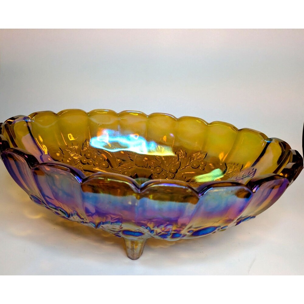 Vintage Carnival Glass Marigold Grape & Vine Footed Bowl Indiana Harvest Grape